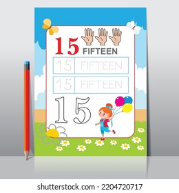 Niños aprendiendo números de cuenta. Hoja de trabajo para los números de aprendizaje. Número 15.