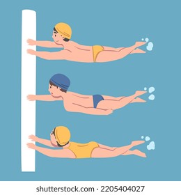 Niños aprendiendo durante el curso de natación. Niños pequeños que practican habilidades en ilustración vectorial de piscina