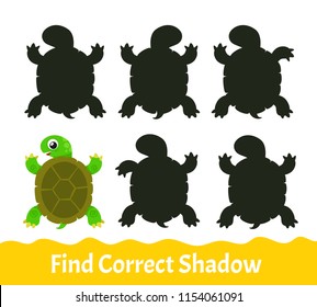 Kids Learning Exercises. Find Correct Shadow Turtles. Education Game for Children.  Cartoon Vector Illustration