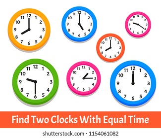 Kids Learning Exercises. Find Two Clocks With Equal Time. Education Game for Children. Vector Illustration
