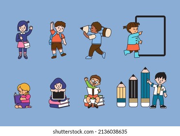 kids and learning filled outline vector illustration. boys and girls student elementary pose action for decoration