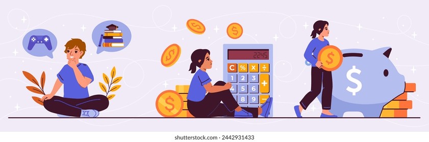 Kids learning financial skills set. Boy and girl with golden coins, piggy bank and calculator. Children budget and savings. Cartoon flat vector collection isolated on white background