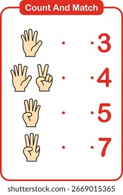 
Niños aprendiendo juego. Cuente y haga coincidir los dedos. Hoja de trabajo educativa para niños