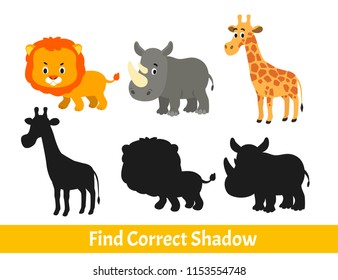 Kids Learning Game. Find the Correct Shadow. Cartoon African Animals, Lion, Rhino, Giraffe. Vector Illustration