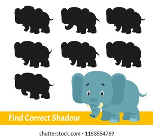 Kids Learning Game. Find the Correct Shadow. Cartoon Elephant. Vector Illustration