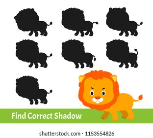 Kids Learning Game. Find the Correct Shadow. Cartoon Lion. Vector Illustration