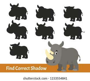 Kids Learning Game. Find the Correct Shadow. Cartoon Rhino. Vector Illustration