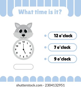 Kids learning game. Time, hours, minutes. Worksheet for preschool kids. Learning clock.  