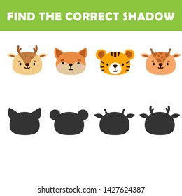 Kids learning game.Cartoon Vector Illustration of Education Shadow Matching Game for Preschool Children find shade for the animals. 