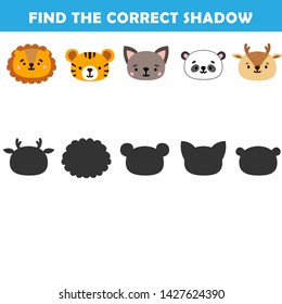 Kids learning game.Cartoon Vector Illustration of Education Shadow Matching Game for Preschool Children find shade for the animals. 
