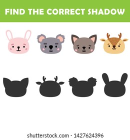 Kids learning game.Cartoon Vector Illustration of Education Shadow Matching Game for Preschool Children find shade for the animals. 
