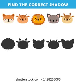 Kids learning game.Cartoon Vector Illustration of Education Shadow Matching Game for Preschool Children find shade for the animals. 