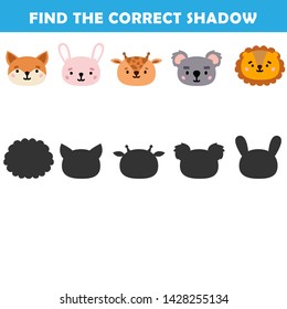 Kids learning game.Cartoon Vector Illustration of Education Shadow Matching Game for Preschool Children find shade for the animals. 