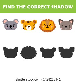 Kids learning game.Cartoon Vector Illustration of Education Shadow Matching Game for Preschool Children find shade for the animals. 