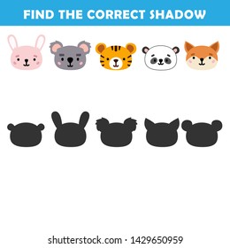 Kids learning game.Cartoon Vector Illustration of Education Shadow Matching Game for Preschool Children find shade for the animals. 