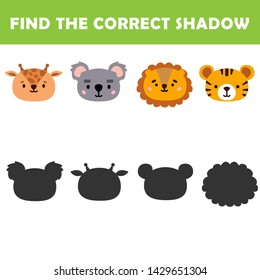 Kids learning game.Cartoon Vector Illustration of Education Shadow Matching Game for Preschool Children find shade for the animals. 