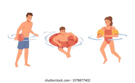 Kids learning how to swim, training boys and girl in swimming pool, ocean or sea water. Male and female character with inflatable vest. Resort and relaxation on vacations. Vector in flat cartoon style
