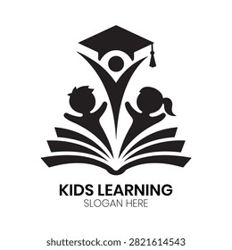 Kids Learning logo displays a graduation cap atop an open book flanked by joyful children figures, conveying educational excellence and scholastic achievement. This refined visual is tailored for children's academies, tutoring agencies, educational software developers, school supply stores, and childhood learning centers desiring a polished and motivating brand image.