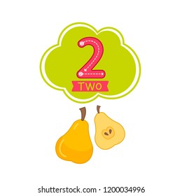 Kids learning material. Card for learning numbers. Number 2. Cartoon pears.
