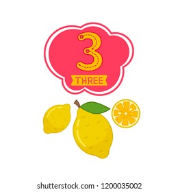 Kids learning material. Card for learning numbers. Number 3. Cartoon lemons.
