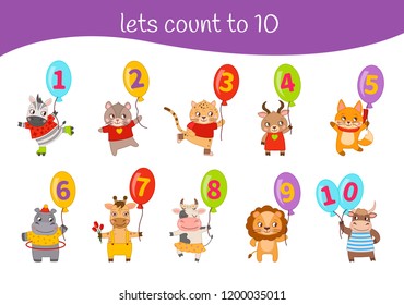 Kids learning material. Card for learning numbers. Number 1-10. Cartoon cute animals.