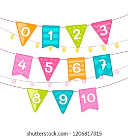 Kids learning material. Card for learning numbers. Number 1-10. Cartoon flags.