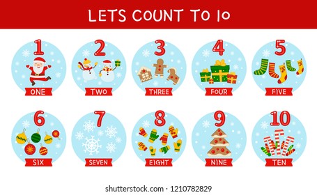 Kids learning material. Card for learning numbers. Number 1-10. Cartoon christmas objects.