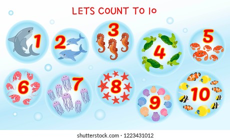 Kids learning material. Card for learning numbers. Number 1-10. Cartoon sea animals.