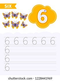 Kids learning material. Card for learning numbers. Number 6. 