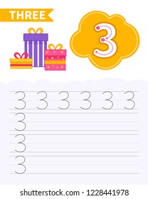 Kids learning material. Card for learning numbers. Number 3. 