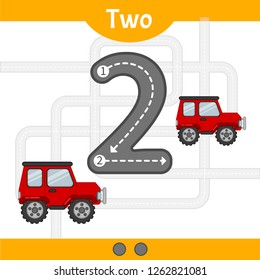 Kids learning material. Card for learning numbers. Number 2. Cartoon transport.