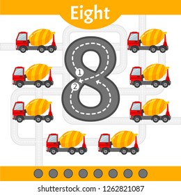 Kids learning material. Card for learning numbers. Number 8. Cartoon transport.