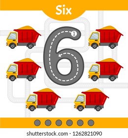 Kids learning material. Card for learning numbers. Number 6. Cartoon transport.