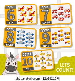 Kids learning material. Card for learning numbers. Number 6-10. Cartoon transport.