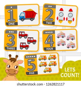 Kids learning material. Card for learning numbers. Number 1-5. Cartoon transport.