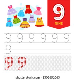 Kids learning material. Card for learning numbers. Number 9. Cartoon dresses.