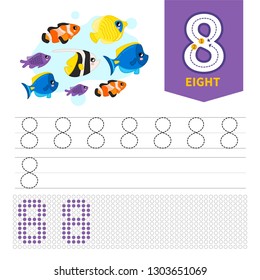 Kids learning material. Card for learning numbers. Number 8. Cartoon fish.