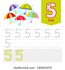 Kids learning material. Card for learning numbers. Number 5. Cartoon umbrella.