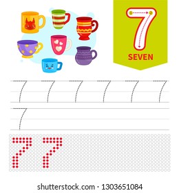 Kids learning material. Card for learning numbers. Number 7. Cartoon 
mugs.