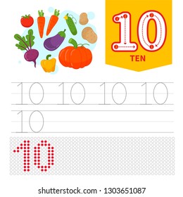 Kids learning material. Card for learning numbers. Number 10. Cartoon 
vegetables.