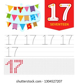 Kids learning material. Card for learning numbers. Number 17. Cartoon 
cute flags.