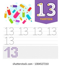 Kids learning material. Card for learning numbers. Number 12. Cartoon 
pencil