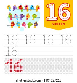 Kids learning material. Card for learning numbers. Number 16. Cartoon 
cute birds.