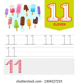 Kids learning material. Card for learning numbers. Number 11. Cartoon 
cute ice-cream..