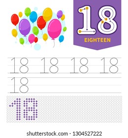 Kids learning material. Card for learning numbers. Number 18. Cartoon 
air balloons.