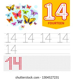 Kids learning material. Card for learning numbers. Number 14. Cartoon 
butterflies