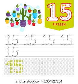 Kids learning material. Card for learning numbers. Number 15. Cartoon 
potted cactus.