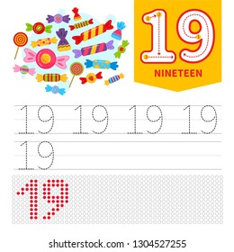 Kids learning material. Card for learning numbers. Number 20. Cartoon 
cute candies.