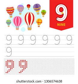 Kids learning material. Card for learning numbers. Number 9. Cartoon 
Balloons.