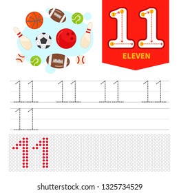 Kids learning material. Card for learning numbers. Number 11. Cartoon sport balls.
